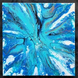 Handmade Acrylic Painting Bloom Blue and White On  Stretched Canvas 10"×10"